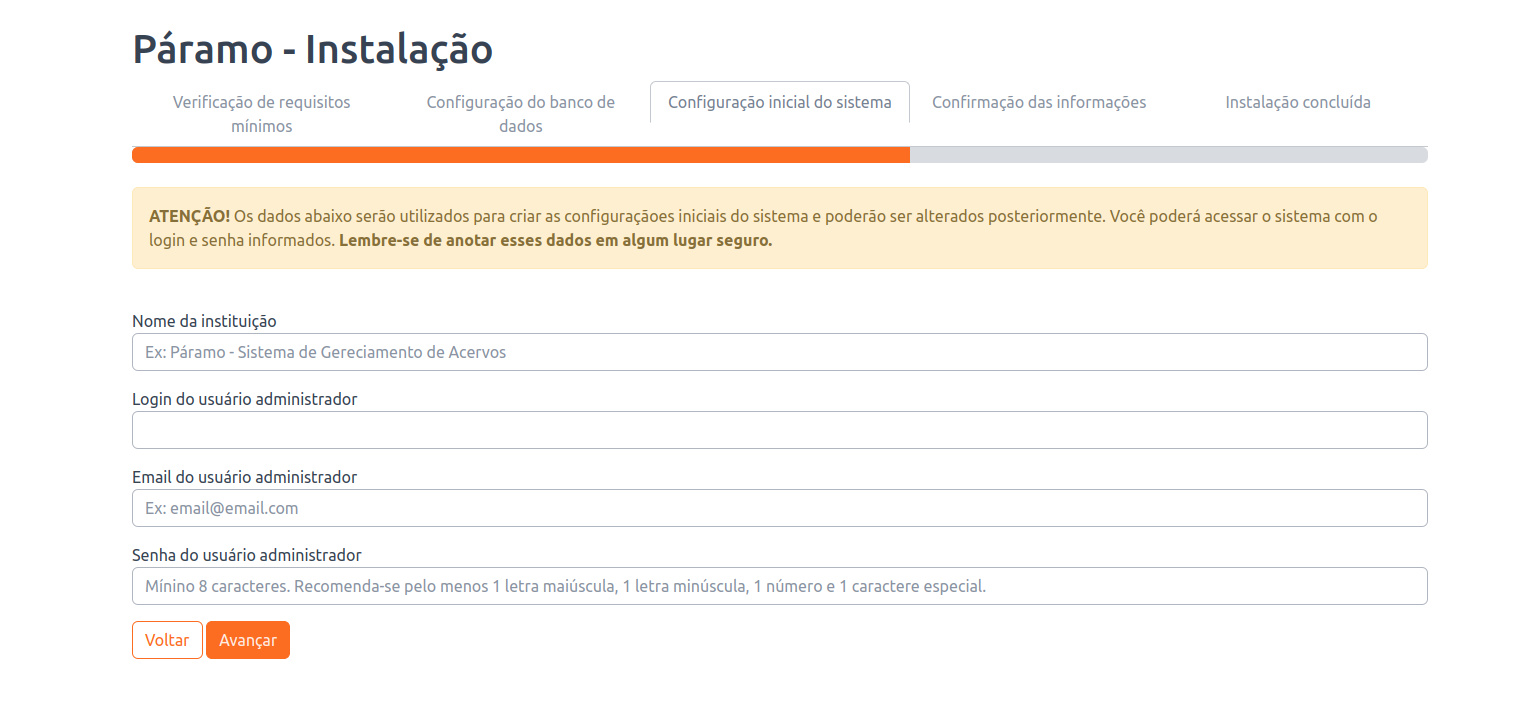 Tela de instalação