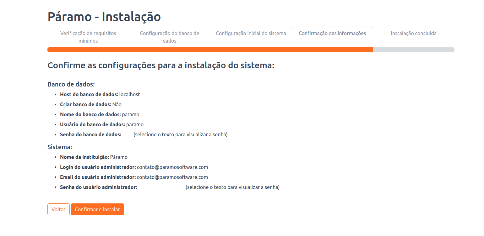 Tela de instalação