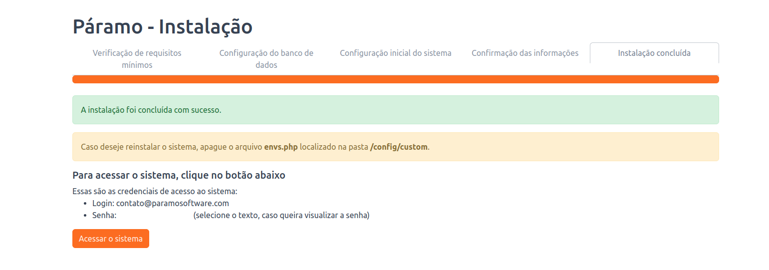 Tela de instalação