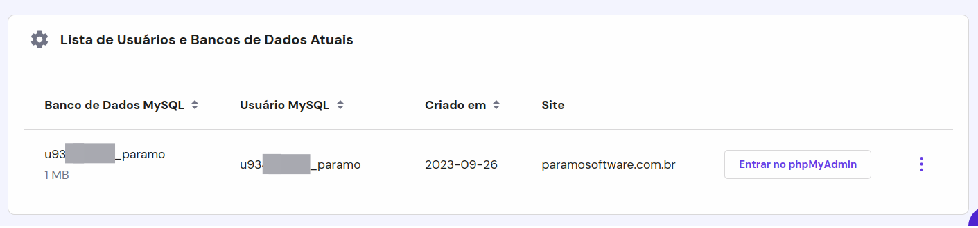 Detalhe do banco de dados criado