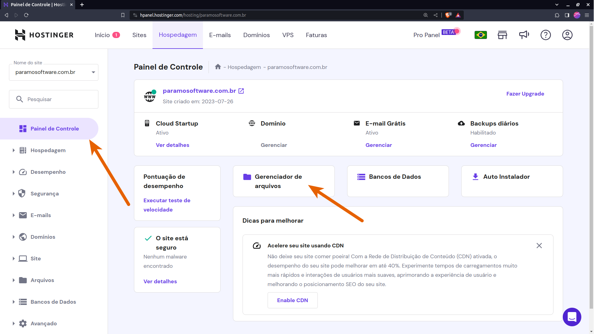 Painel de controle - Gerenciador de arquivos